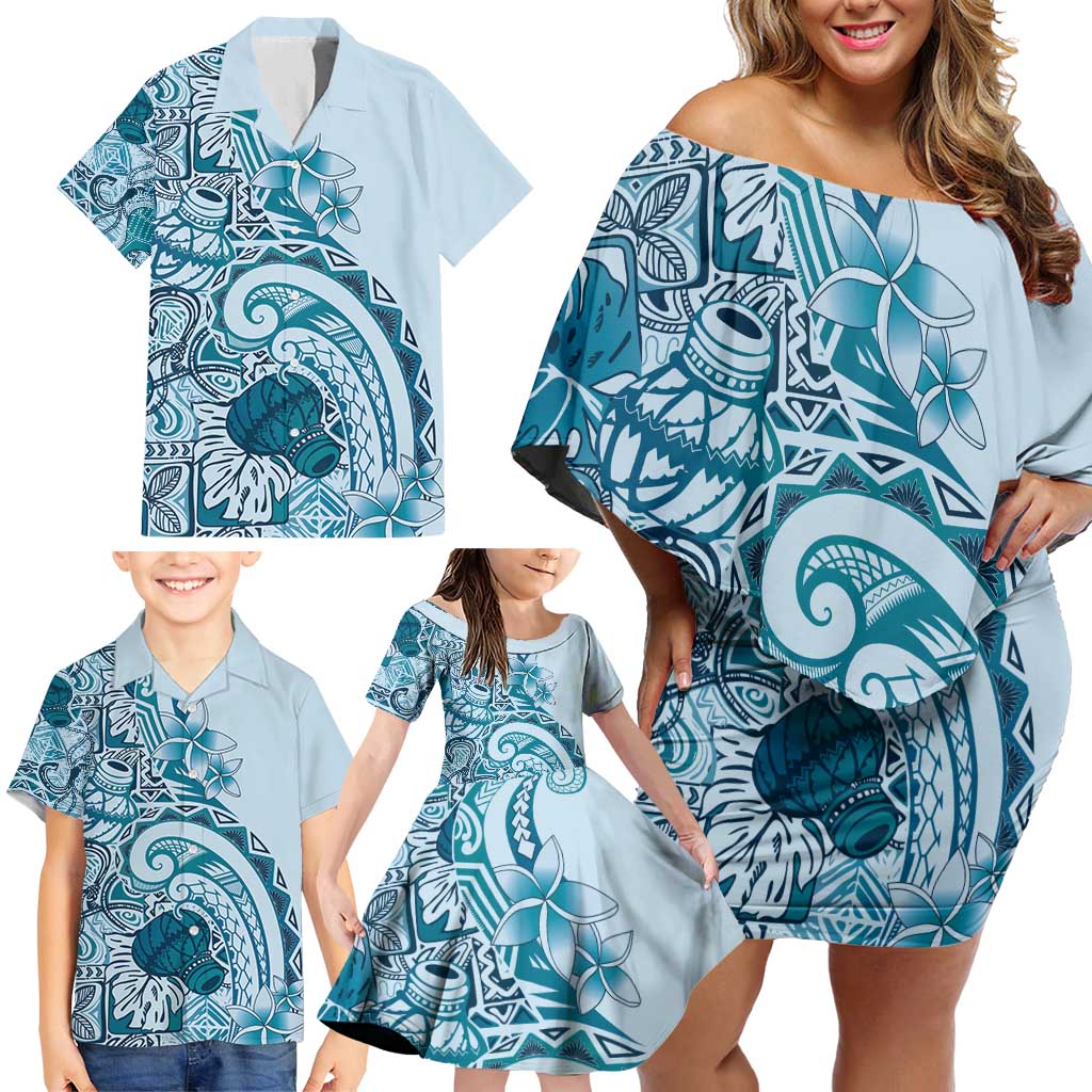 Aloha Hawaii Tapa Family Matching Off Shoulder Short Dress and Hawaiian Shirt Cool Turquoise Hawaiian Ipu - Polynesian Pride