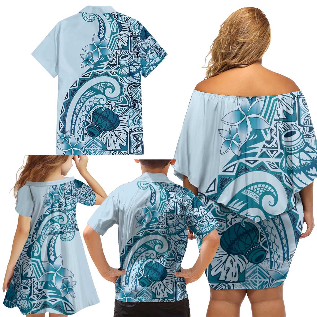 Aloha Hawaii Tapa Family Matching Off Shoulder Short Dress and Hawaiian Shirt Cool Turquoise Hawaiian Ipu - Polynesian Pride