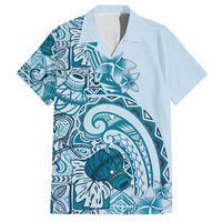 Aloha Hawaii Tapa Family Matching Off Shoulder Short Dress and Hawaiian Shirt Cool Turquoise Hawaiian Ipu - Polynesian Pride