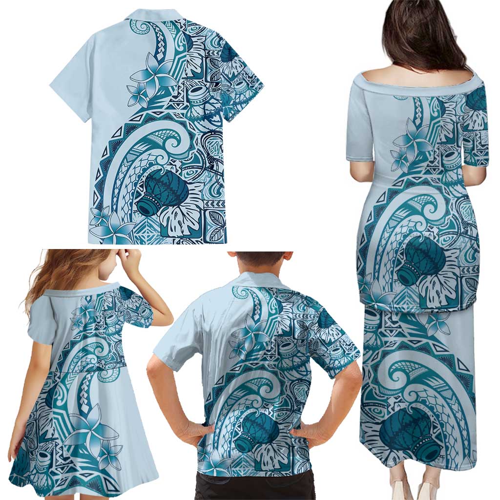Aloha Hawaii Tapa Family Matching Puletasi and Hawaiian Shirt Cool Turquoise Hawaiian Ipu LT7 - Polynesian Pride