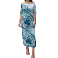 Aloha Hawaii Tapa Family Matching Puletasi and Hawaiian Shirt Cool Turquoise Hawaiian Ipu LT7 Mom's Dress Turquoise - Polynesian Pride