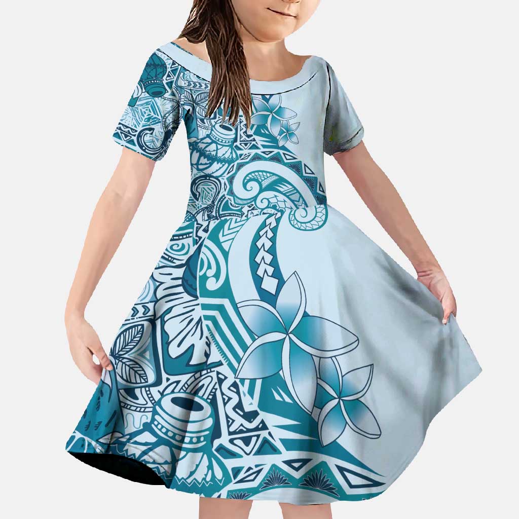 Aloha Hawaii Tapa Family Matching Short Sleeve Bodycon Dress and Hawaiian Shirt Cool Turquoise Hawaiian Ipu LT7 Daughter's Dress Turquoise - Polynesian Pride