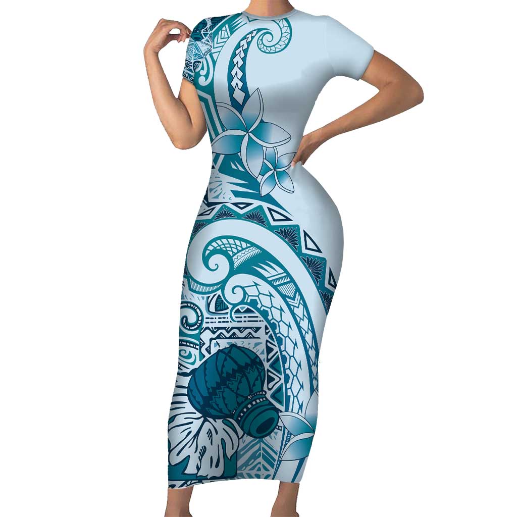 Aloha Hawaii Tapa Family Matching Short Sleeve Bodycon Dress and Hawaiian Shirt Cool Turquoise Hawaiian Ipu LT7 Mom's Dress Turquoise - Polynesian Pride
