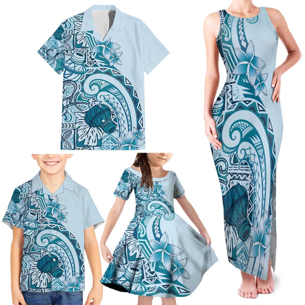 Aloha Hawaii Tapa Family Matching Tank Maxi Dress and Hawaiian Shirt Cool Turquoise Hawaiian Ipu - Polynesian Pride