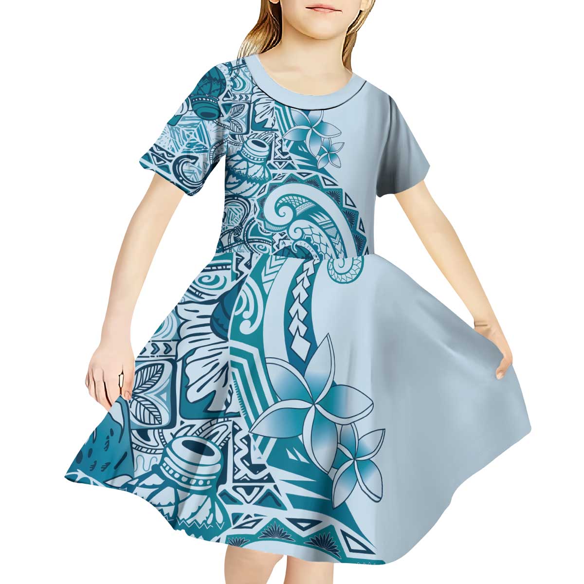Aloha Hawaii Tapa Kid Short Sleeve Dress Cool Turquoise Hawaiian Ipu - Polynesian Pride