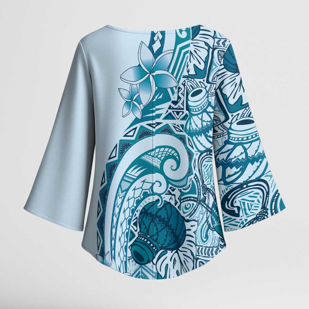 Aloha Hawaii Tapa Kimono Sleeve Blouse Cool Turquoise Hawaiian Ipu - Polynesian Pride