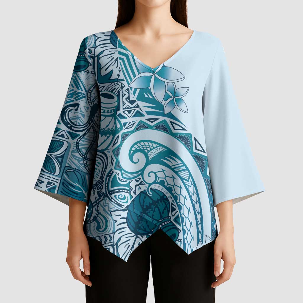 Aloha Hawaii Tapa Kimono Sleeve Blouse Cool Turquoise Hawaiian Ipu - Polynesian Pride