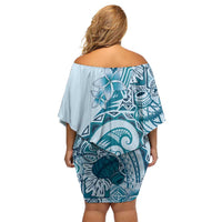 Aloha Hawaii Tapa Off Shoulder Short Dress Cool Turquoise Hawaiian Ipu - Polynesian Pride
