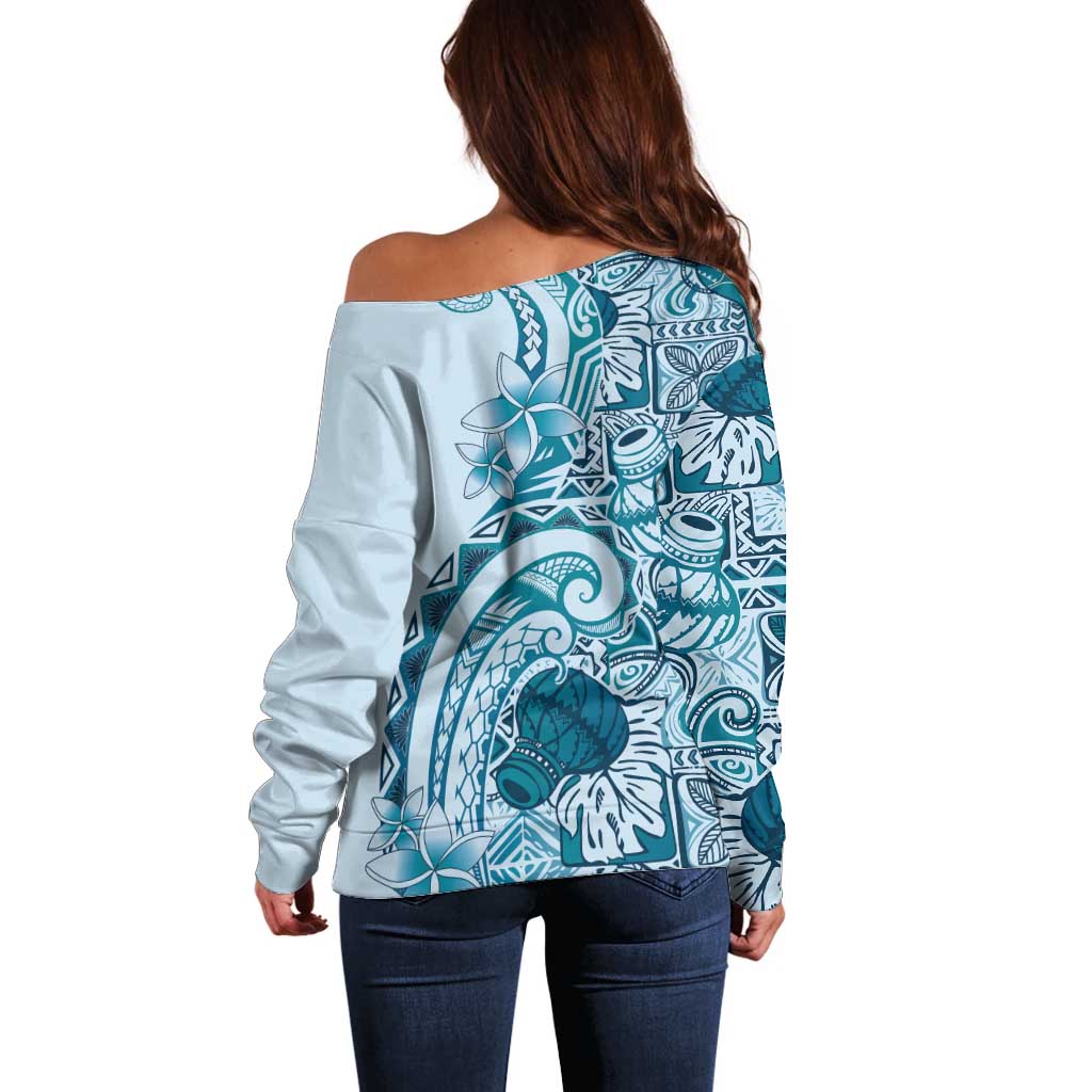 Aloha Hawaii Tapa Off Shoulder Sweater Cool Turquoise Hawaiian Ipu - Polynesian Pride