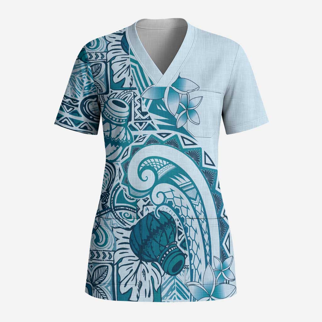 Aloha Hawaii Tapa Scrub Top Cool Turquoise Hawaiian Ipu - Polynesian Pride