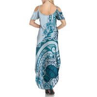 Aloha Hawaii Tapa Summer Maxi Dress Cool Turquoise Hawaiian Ipu - Polynesian Pride