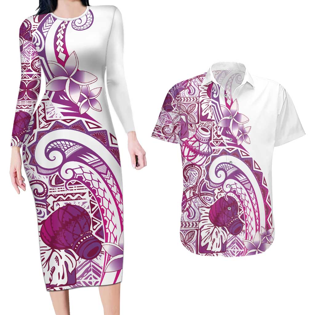 Aloha Hawaii Tapa Couples Matching Long Sleeve Bodycon Dress and Hawaiian Shirt Vibrant Fuchsia Hawaiian Ipu - Polynesian Pride
