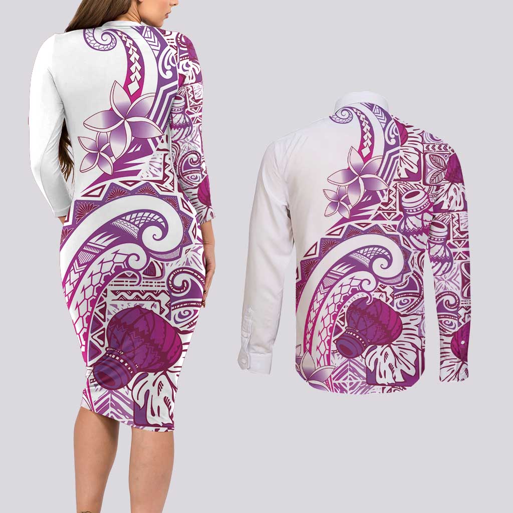 Aloha Hawaii Tapa Couples Matching Long Sleeve Bodycon Dress and Long Sleeve Button Shirt Vibrant Fuchsia Hawaiian Ipu LT7 - Polynesian Pride