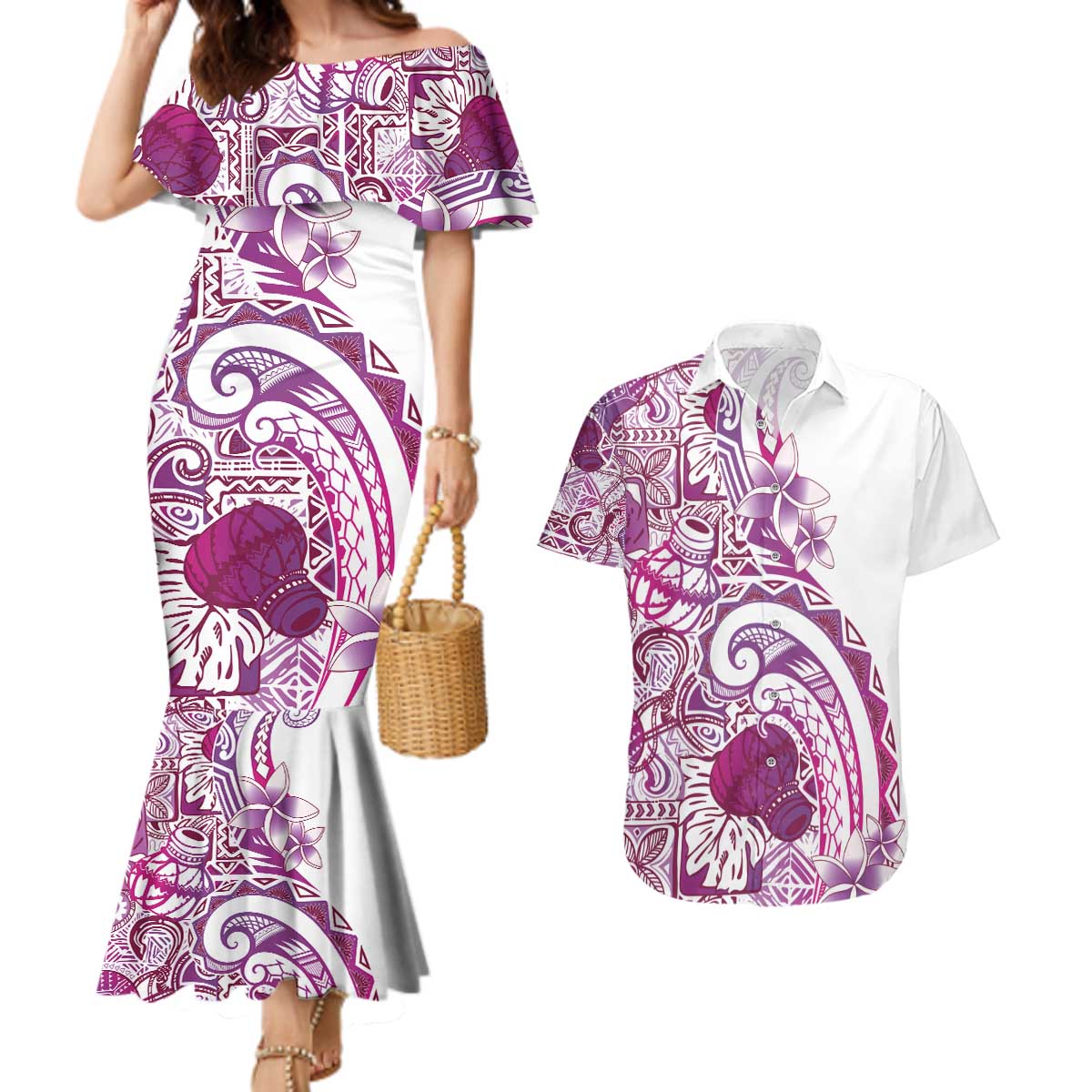 Aloha Hawaii Tapa Couples Matching Mermaid Dress and Hawaiian Shirt Vibrant Fuchsia Hawaiian Ipu LT7 Fuchsia - Polynesian Pride