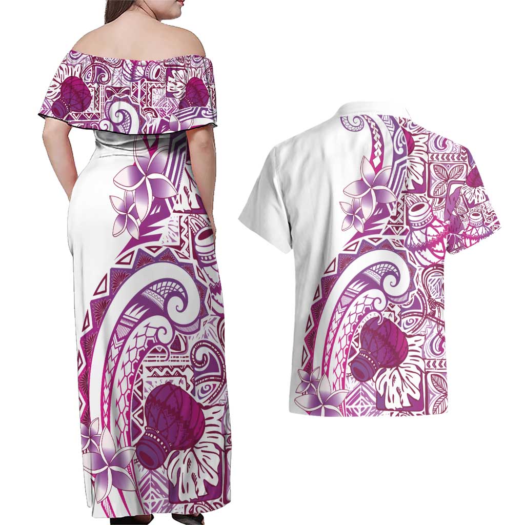 Aloha Hawaii Tapa Couples Matching Off Shoulder Maxi Dress and Hawaiian Shirt Vibrant Fuchsia Hawaiian Ipu LT7 - Polynesian Pride