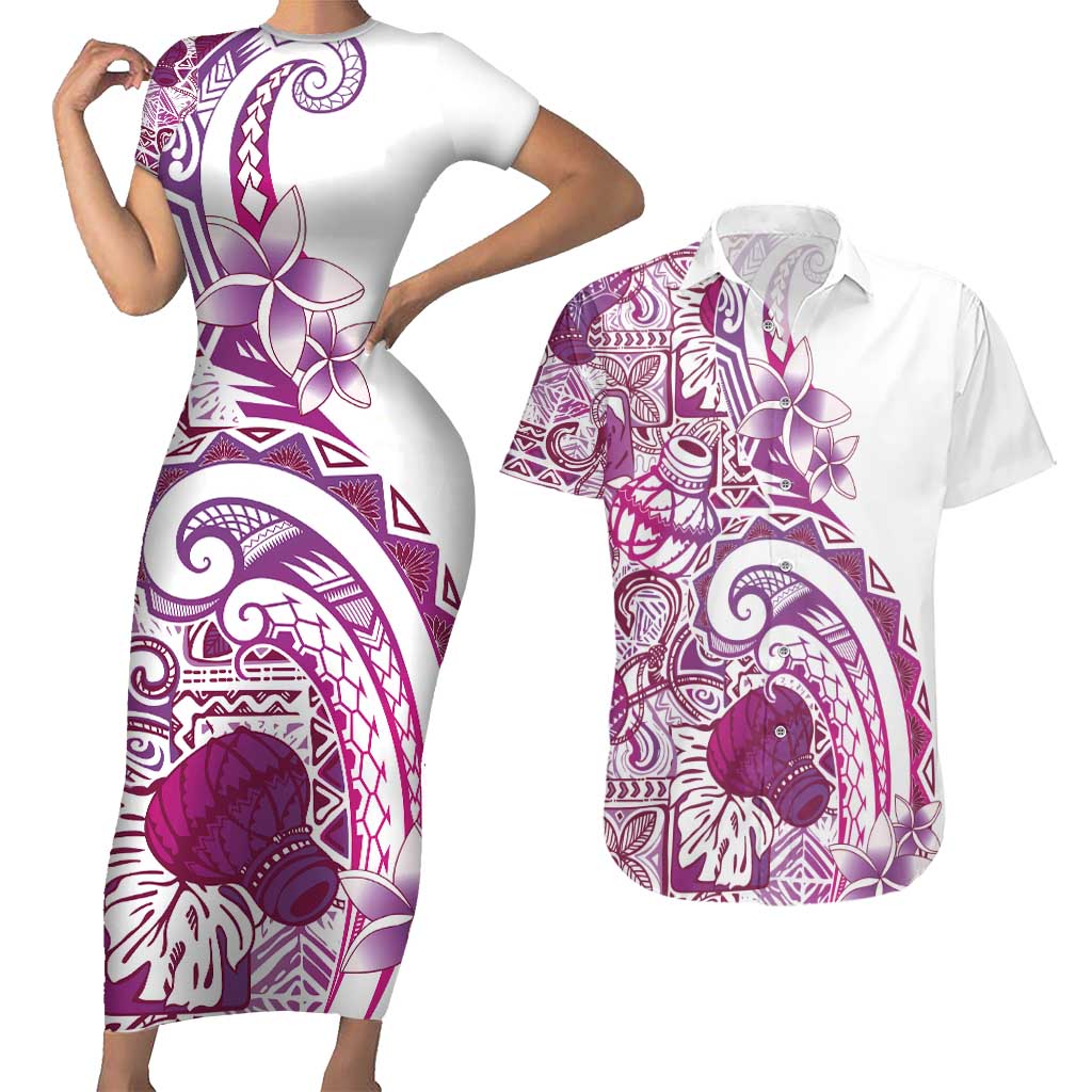 Aloha Hawaii Tapa Couples Matching Short Sleeve Bodycon Dress and Hawaiian Shirt Vibrant Fuchsia Hawaiian Ipu - Polynesian Pride