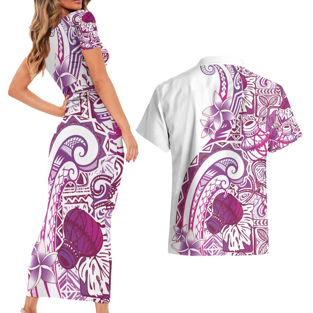 Aloha Hawaii Tapa Couples Matching Short Sleeve Bodycon Dress and Hawaiian Shirt Vibrant Fuchsia Hawaiian Ipu LT7 - Polynesian Pride