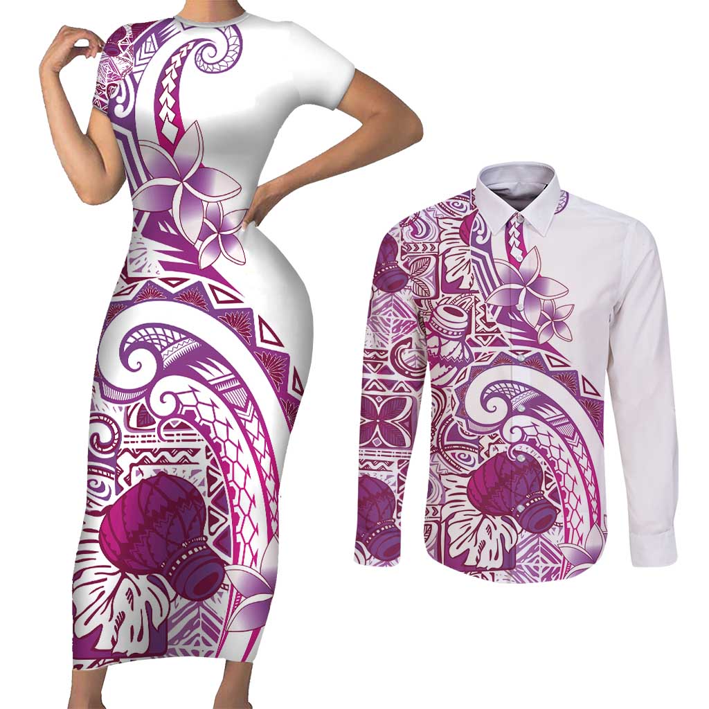Aloha Hawaii Tapa Couples Matching Short Sleeve Bodycon Dress and Long Sleeve Button Shirt Vibrant Fuchsia Hawaiian Ipu - Polynesian Pride