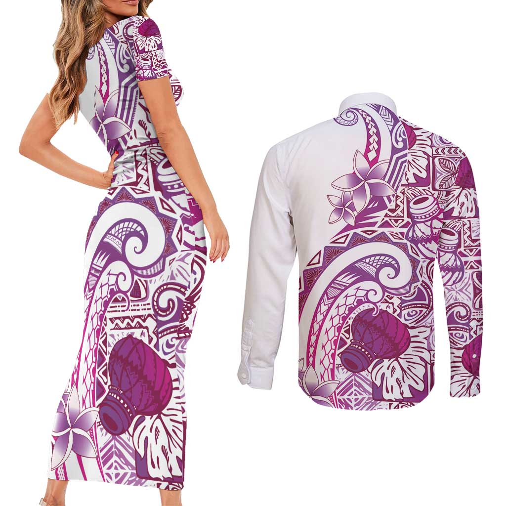 Aloha Hawaii Tapa Couples Matching Short Sleeve Bodycon Dress and Long Sleeve Button Shirt Vibrant Fuchsia Hawaiian Ipu LT7 - Polynesian Pride