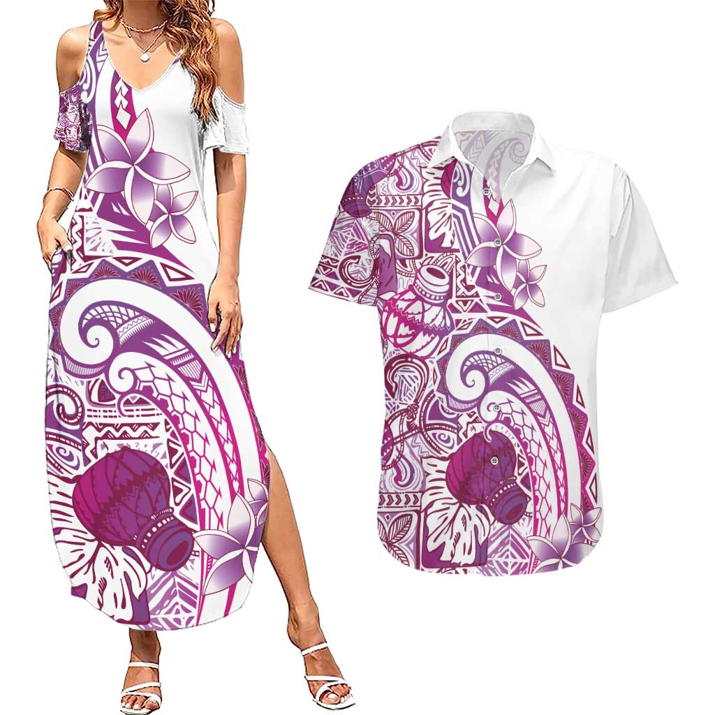 Aloha Hawaii Tapa Couples Matching Summer Maxi Dress and Hawaiian Shirt Vibrant Fuchsia Hawaiian Ipu - Polynesian Pride
