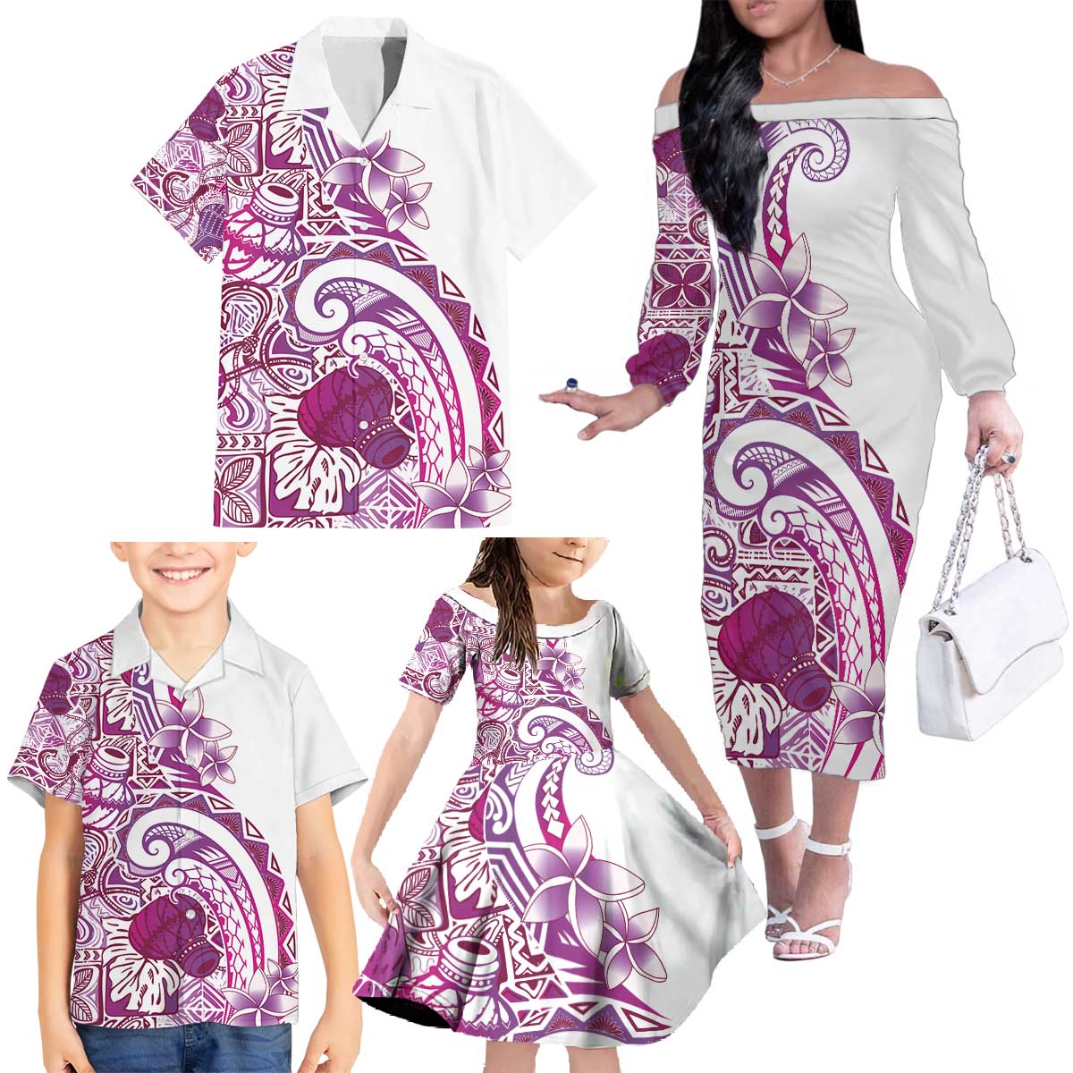 Aloha Hawaii Tapa Family Matching Off The Shoulder Long Sleeve Dress and Hawaiian Shirt Vibrant Fuchsia Hawaiian Ipu LT7 - Polynesian Pride