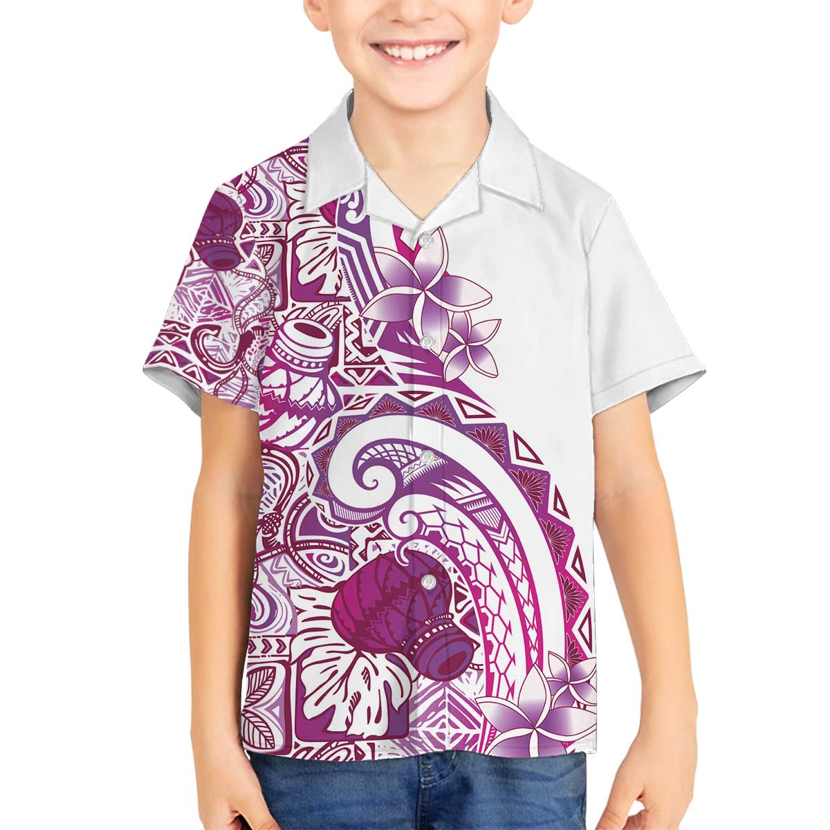 Aloha Hawaii Tapa Family Matching Off The Shoulder Long Sleeve Dress and Hawaiian Shirt Vibrant Fuchsia Hawaiian Ipu LT7 Son's Shirt Fuchsia - Polynesian Pride