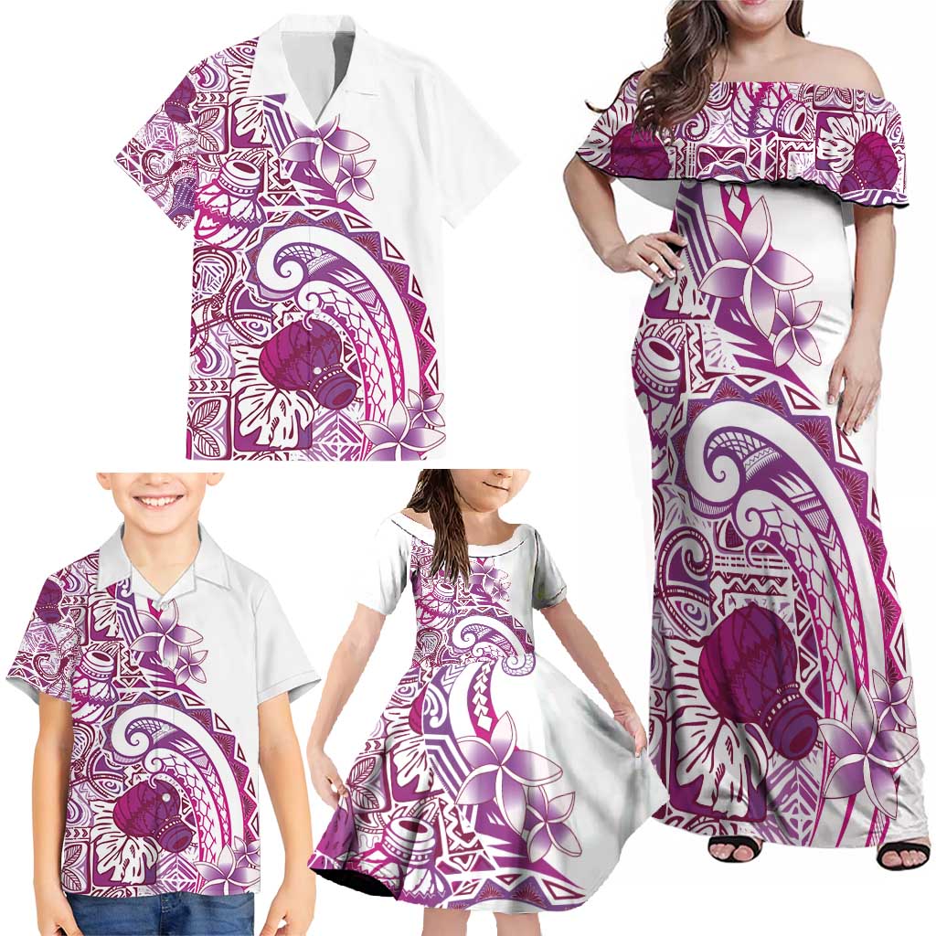 Aloha Hawaii Tapa Family Matching Off Shoulder Maxi Dress and Hawaiian Shirt Vibrant Fuchsia Hawaiian Ipu - Polynesian Pride
