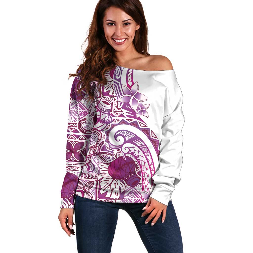 Aloha Hawaii Tapa Off Shoulder Sweater Vibrant Fuchsia Hawaiian Ipu - Polynesian Pride