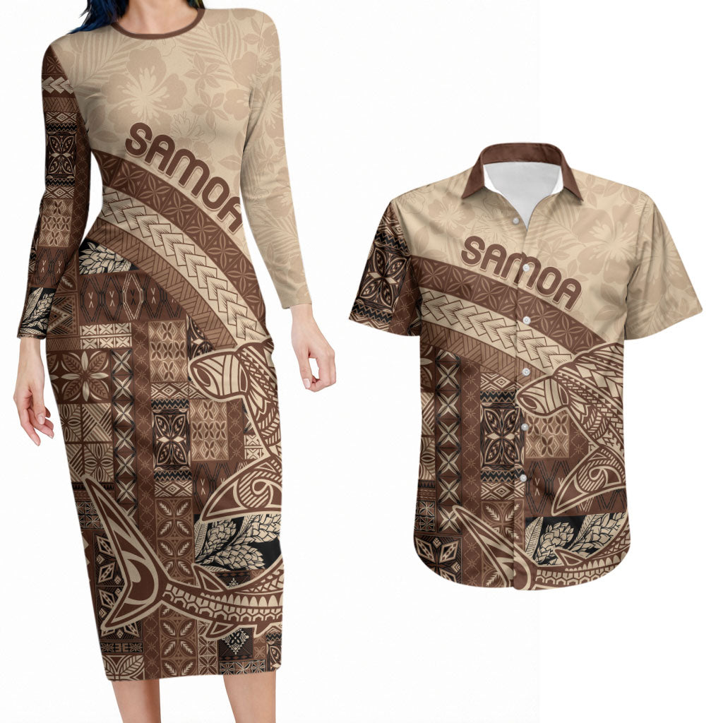 Samoa Mamanu Siapo Mocha Couples Matching Long Sleeve Bodycon Dress and Hawaiian Shirt Tatau Malie
