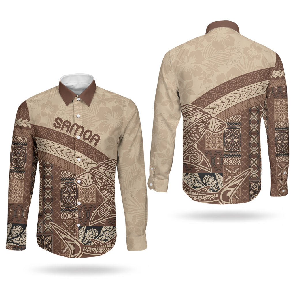 Samoa Mamanu Siapo Mocha Couples Matching Off Shoulder Short Dress and Long Sleeve Button Shirt Tatau Malie