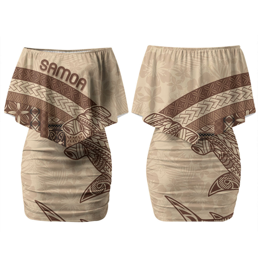 Samoa Mamanu Siapo Mocha Couples Matching Off Shoulder Short Dress and Long Sleeve Button Shirt Tatau Malie