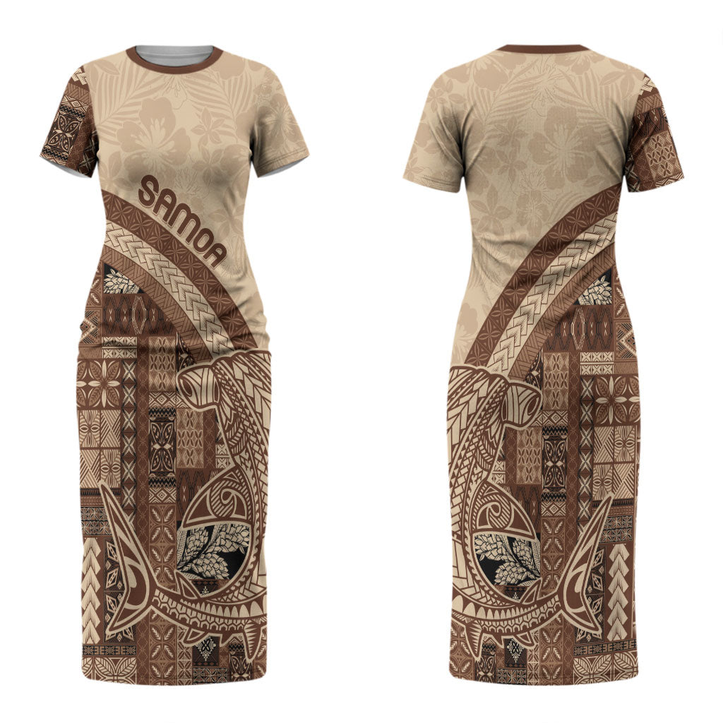 Samoa Mamanu Siapo Mocha Couples Matching Short Sleeve Bodycon Dress and Hawaiian Shirt Tatau Malie