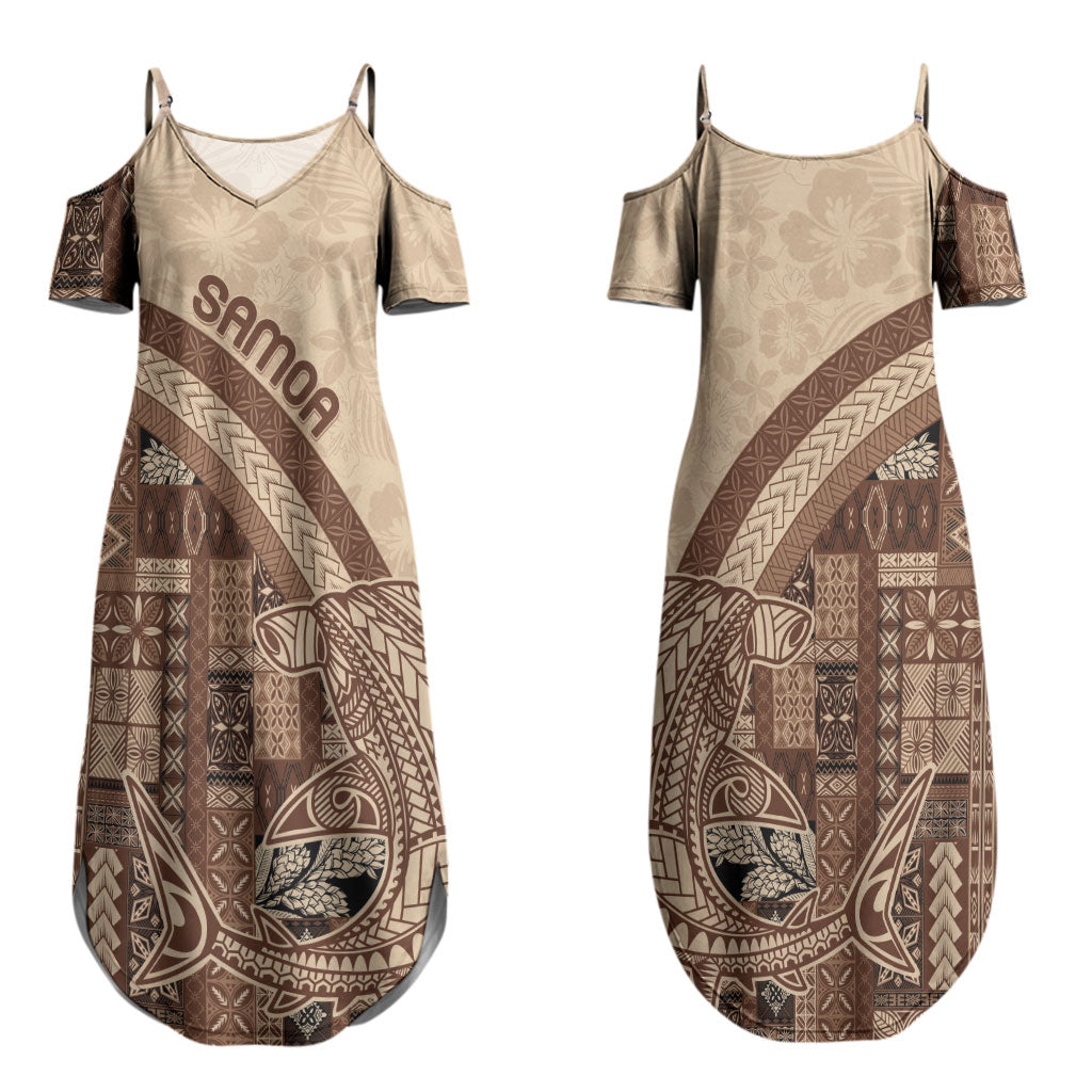 Samoa Mamanu Siapo Mocha Couples Matching Summer Maxi Dress and Hawaiian Shirt Tatau Malie