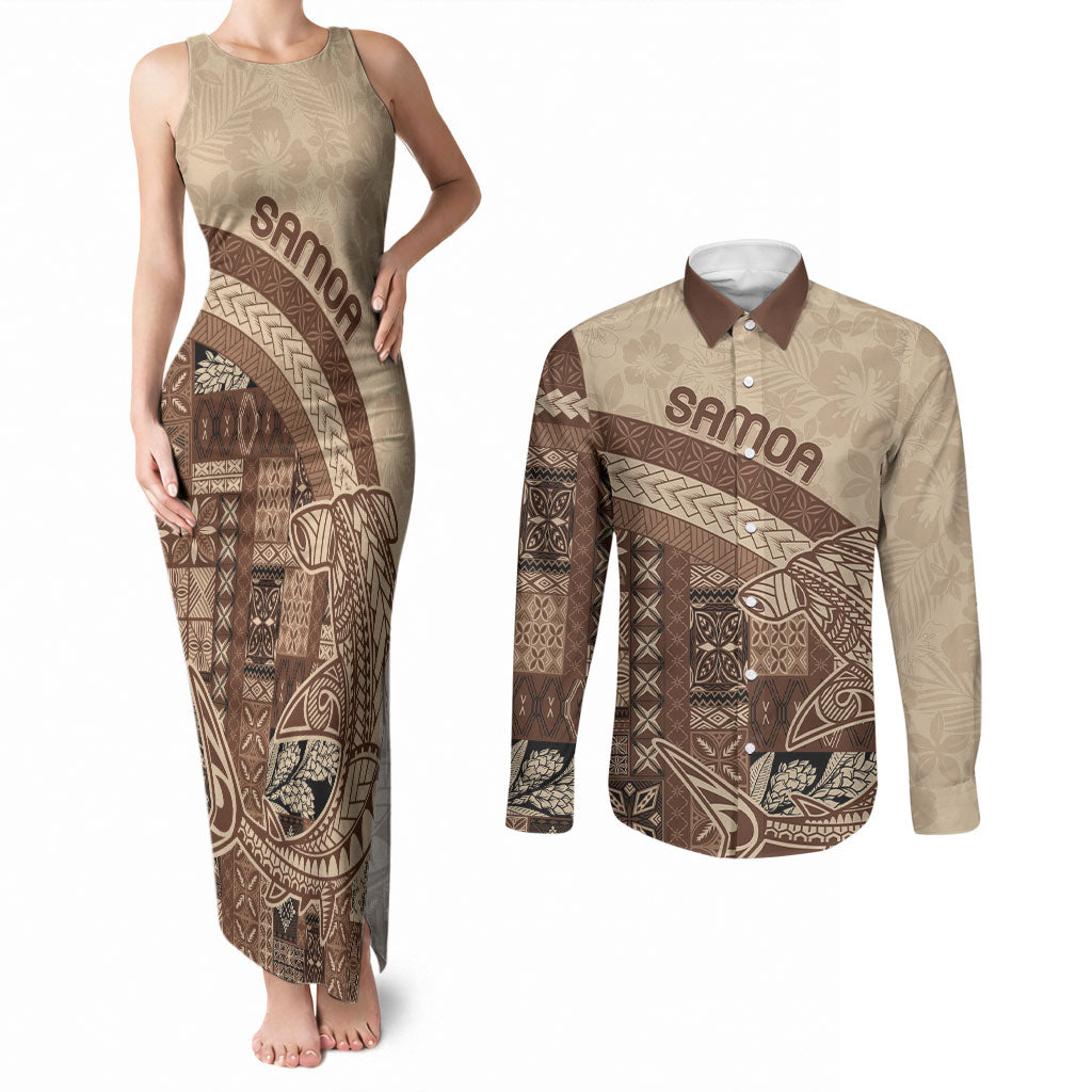 Samoa Mamanu Siapo Mocha Couples Matching Tank Maxi Dress and Long Sleeve Button Shirt Tatau Malie