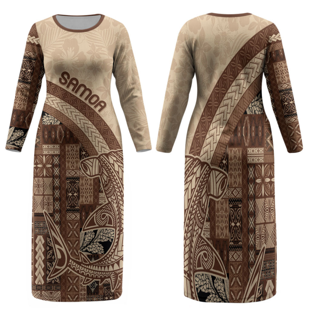 Samoa Mamanu Siapo Mocha Family Matching Long Sleeve Bodycon Dress and Hawaiian Shirt Tatau Malie