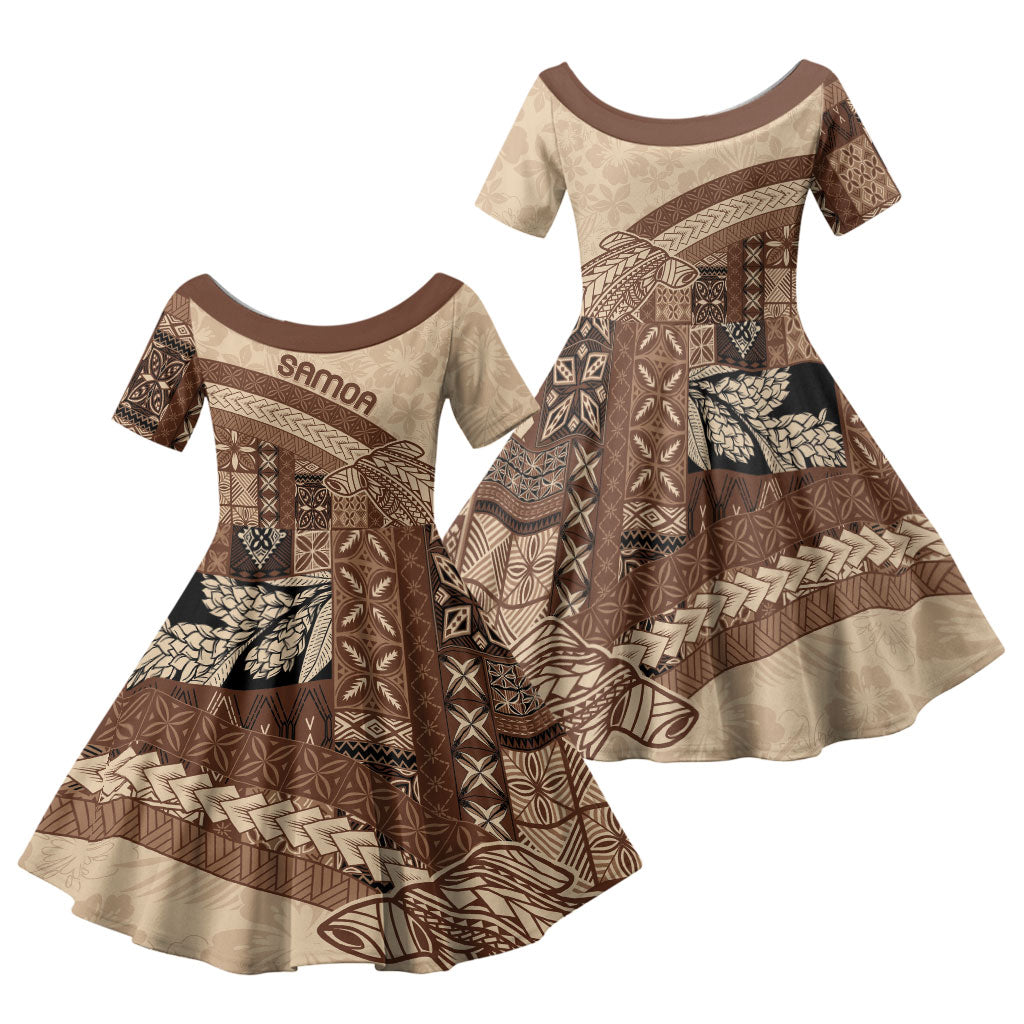 Samoa Mamanu Siapo Mocha Family Matching Off Shoulder Maxi Dress and Hawaiian Shirt Tatau Malie