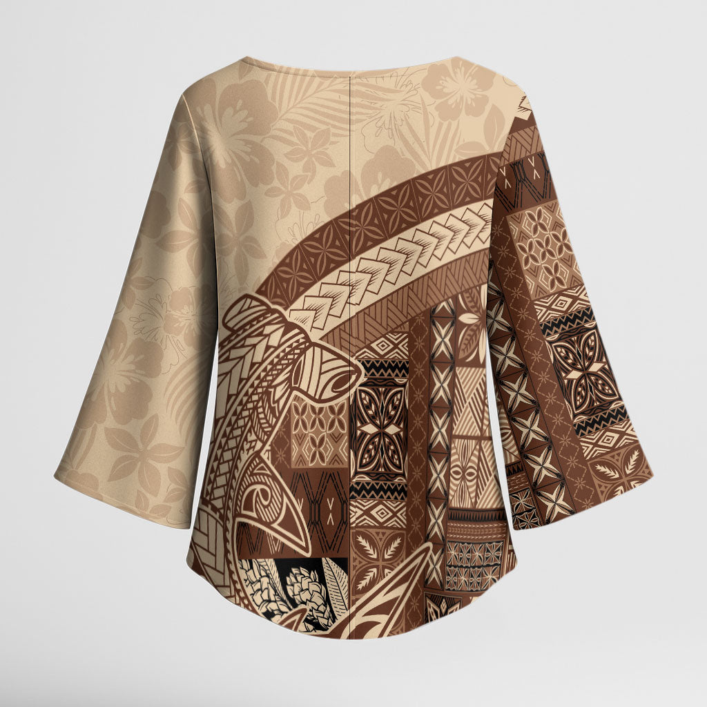 Samoa Mamanu Siapo Mocha Kimono Sleeve Blouse Tatau Malie