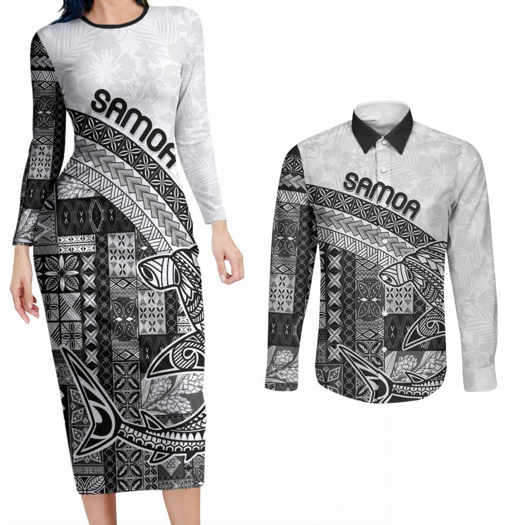 Samoa Mamanu Siapo Classic Black Couples Matching Long Sleeve Bodycon Dress and Long Sleeve Button Shirt Tatau Malie