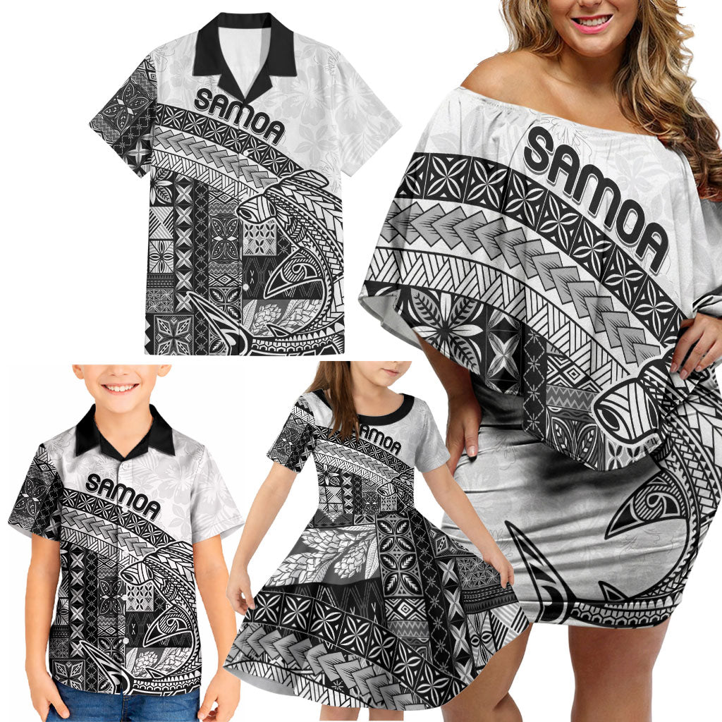 Samoa Mamanu Siapo Classic Black Family Matching Off Shoulder Short Dress and Hawaiian Shirt Tatau Malie