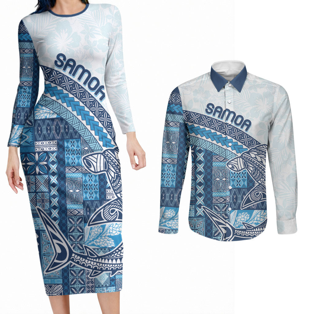 Samoa Mamanu Siapo Royal Blue Couples Matching Long Sleeve Bodycon Dress and Long Sleeve Button Shirt Tatau Malie