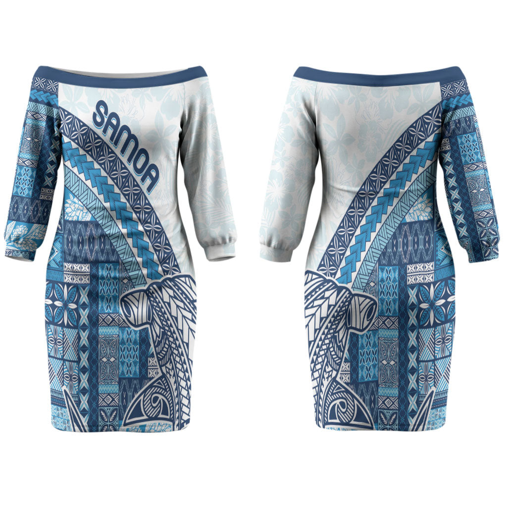 Samoa Mamanu Siapo Royal Blue Couples Matching Off The Shoulder Long Sleeve Dress and Hawaiian Shirt Tatau Malie