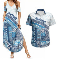 Samoa Mamanu Siapo Royal Blue Couples Matching Summer Maxi Dress and Hawaiian Shirt Tatau Malie