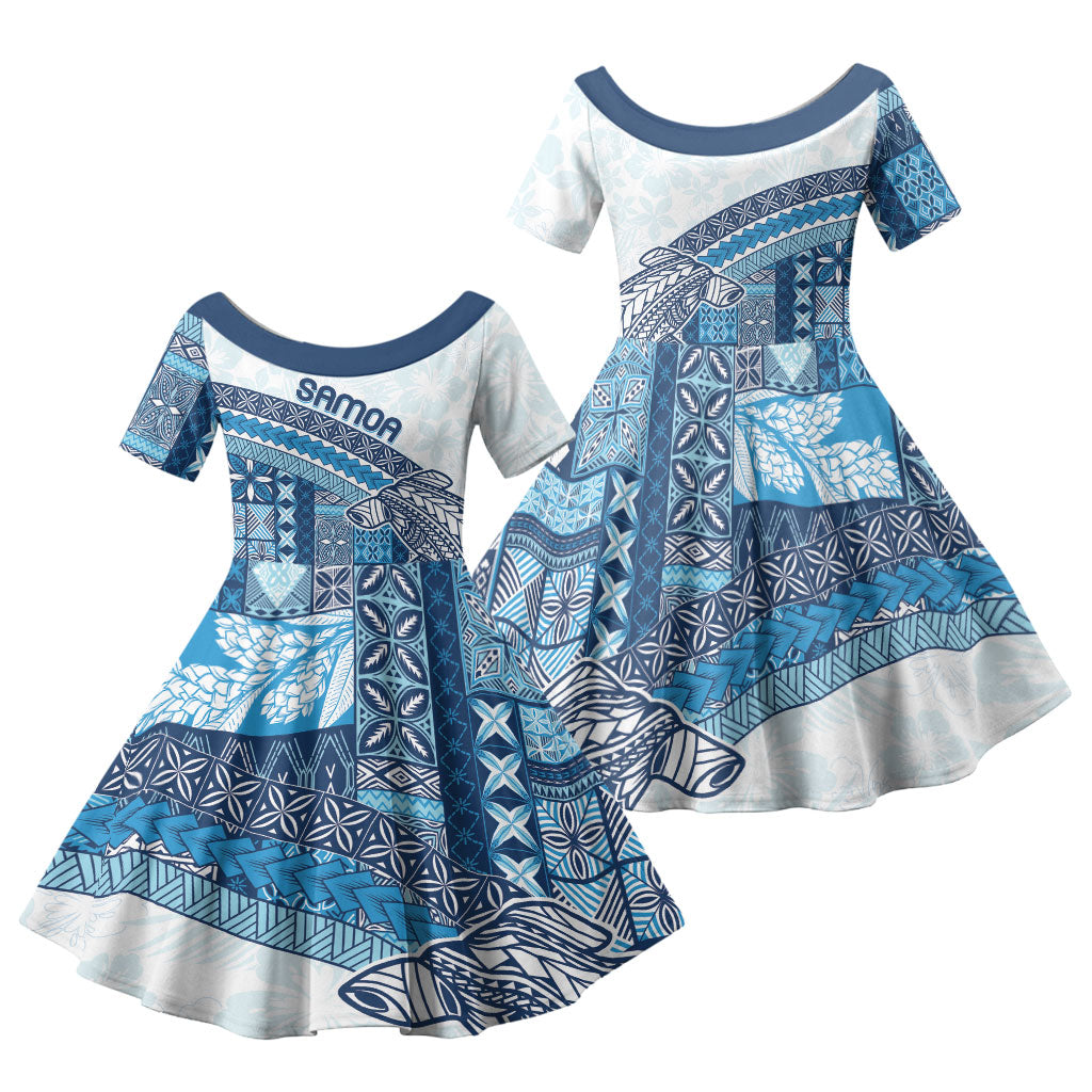 Samoa Mamanu Siapo Royal Blue Family Matching Off Shoulder Maxi Dress and Hawaiian Shirt Tatau Malie