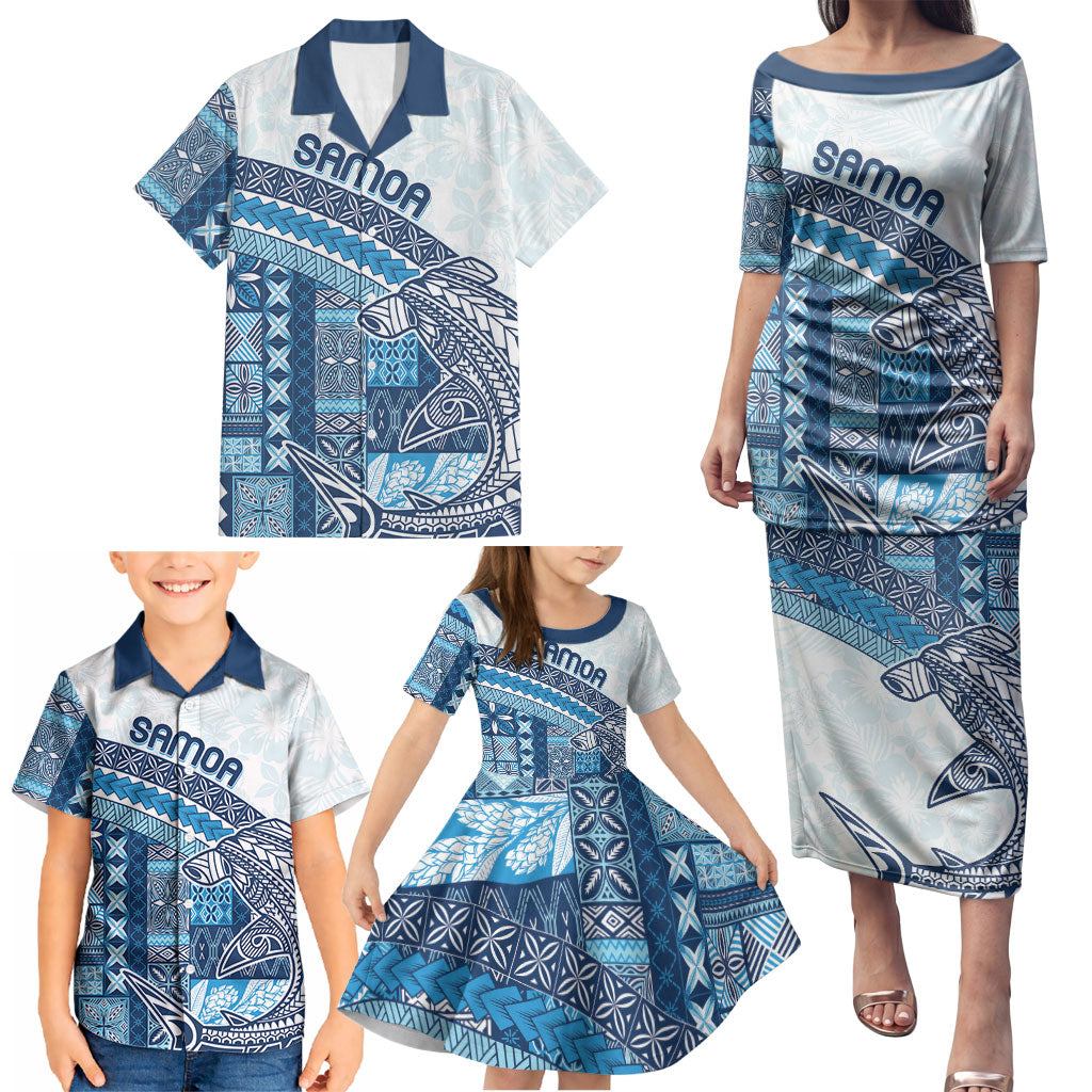 Samoa Mamanu Siapo Royal Blue Family Matching Puletasi and Hawaiian Shirt Tatau Malie