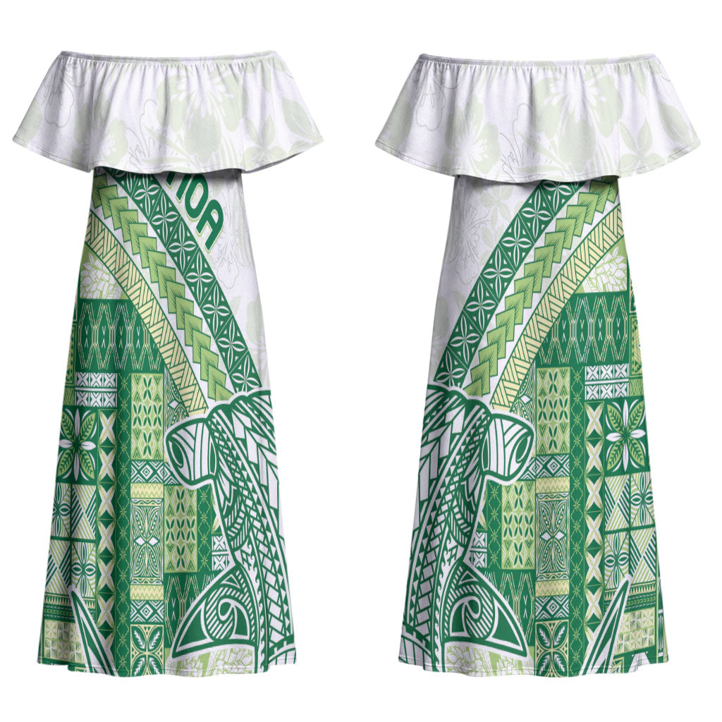 Samoa Mamanu Siapo Forest Green Couples Matching Off Shoulder Maxi Dress and Hawaiian Shirt Tatau Malie