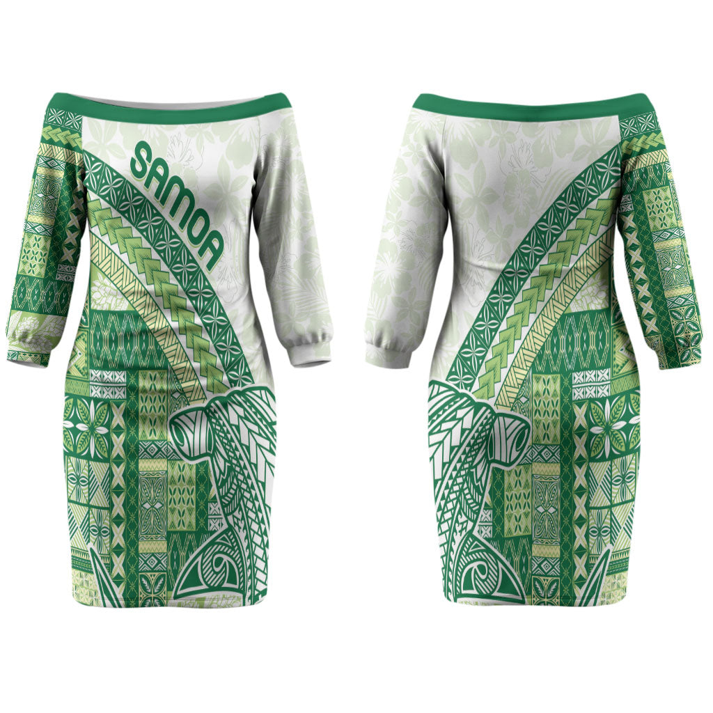 Samoa Mamanu Siapo Forest Green Couples Matching Off The Shoulder Long Sleeve Dress and Long Sleeve Button Shirt Tatau Malie