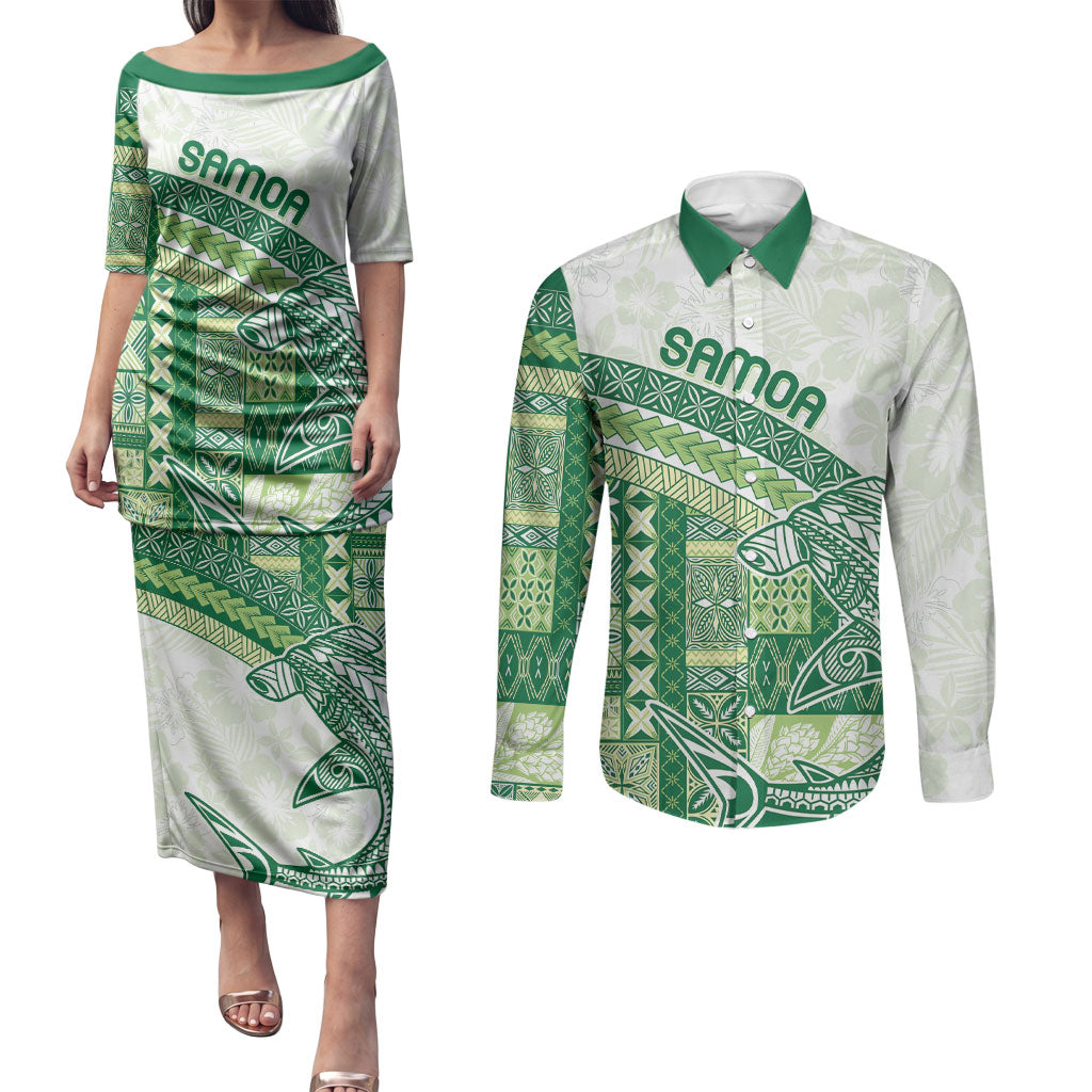 Samoa Mamanu Siapo Forest Green Couples Matching Puletasi and Long Sleeve Button Shirt Tatau Malie