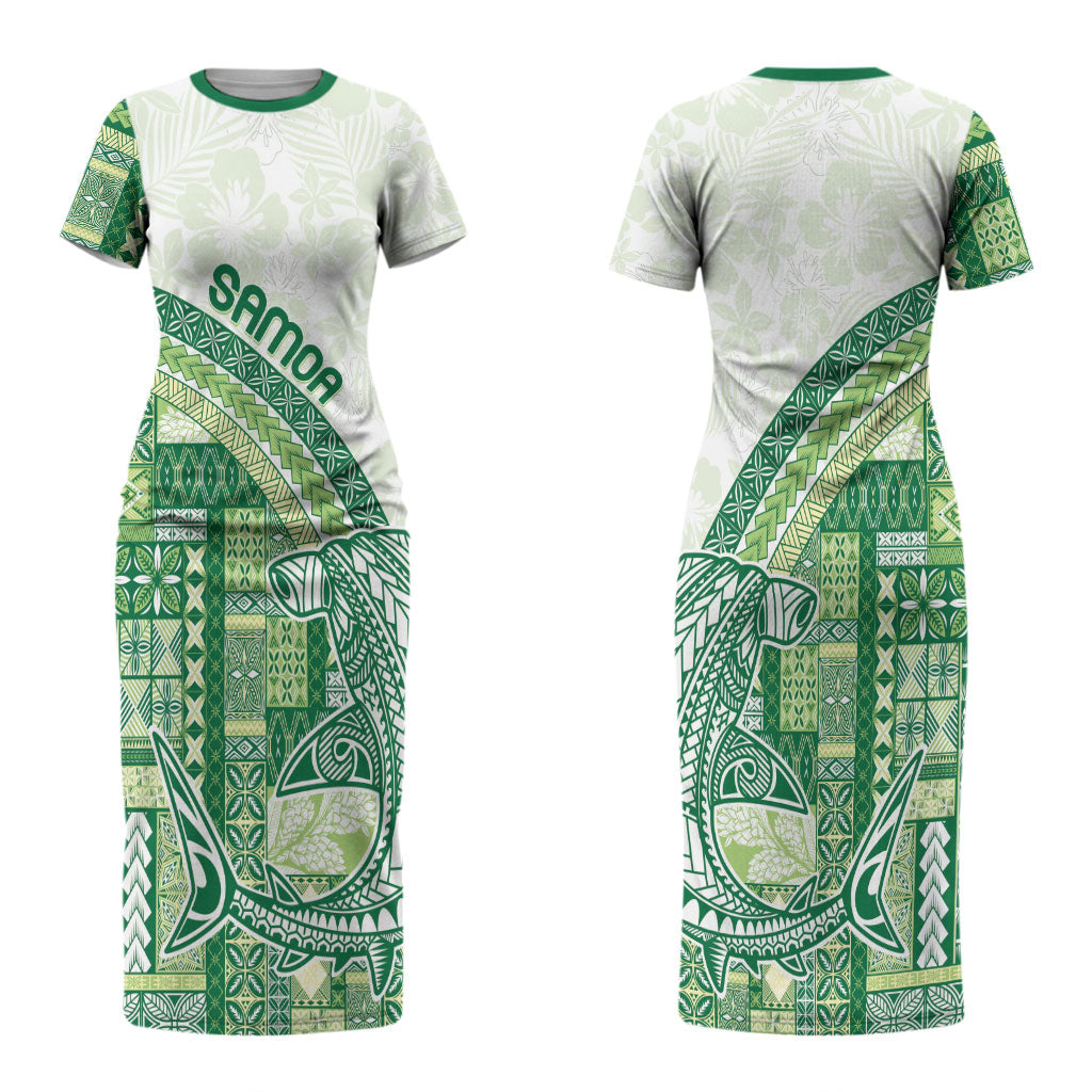 Samoa Mamanu Siapo Forest Green Couples Matching Short Sleeve Bodycon Dress and Hawaiian Shirt Tatau Malie