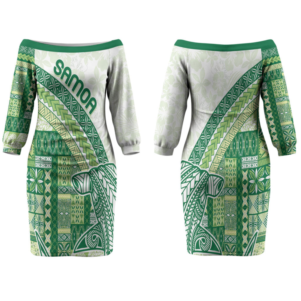 Samoa Mamanu Siapo Forest Green Family Matching Off The Shoulder Long Sleeve Dress and Hawaiian Shirt Tatau Malie
