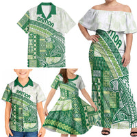 Samoa Mamanu Siapo Forest Green Family Matching Off Shoulder Maxi Dress and Hawaiian Shirt Tatau Malie